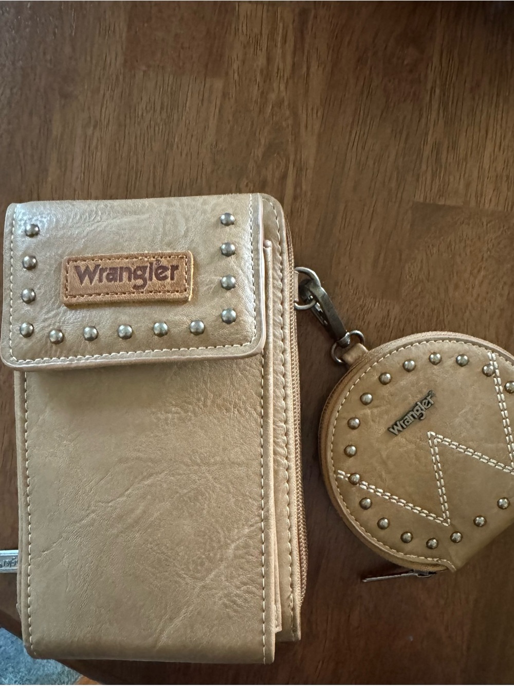 Wrangler Beige/Tan Studded Crossbody Phone Wallet with Coin Pouch